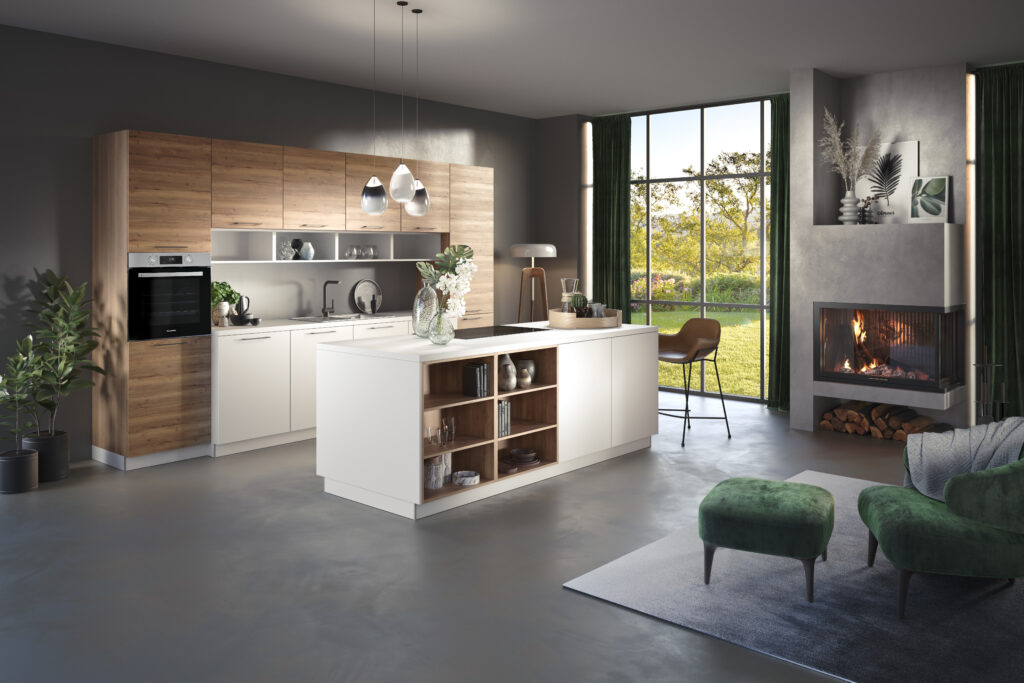Küche Nordhorn – moderne Einbauküche mit Kochinsel in Polarweiß und Alteiche-Holzoptik